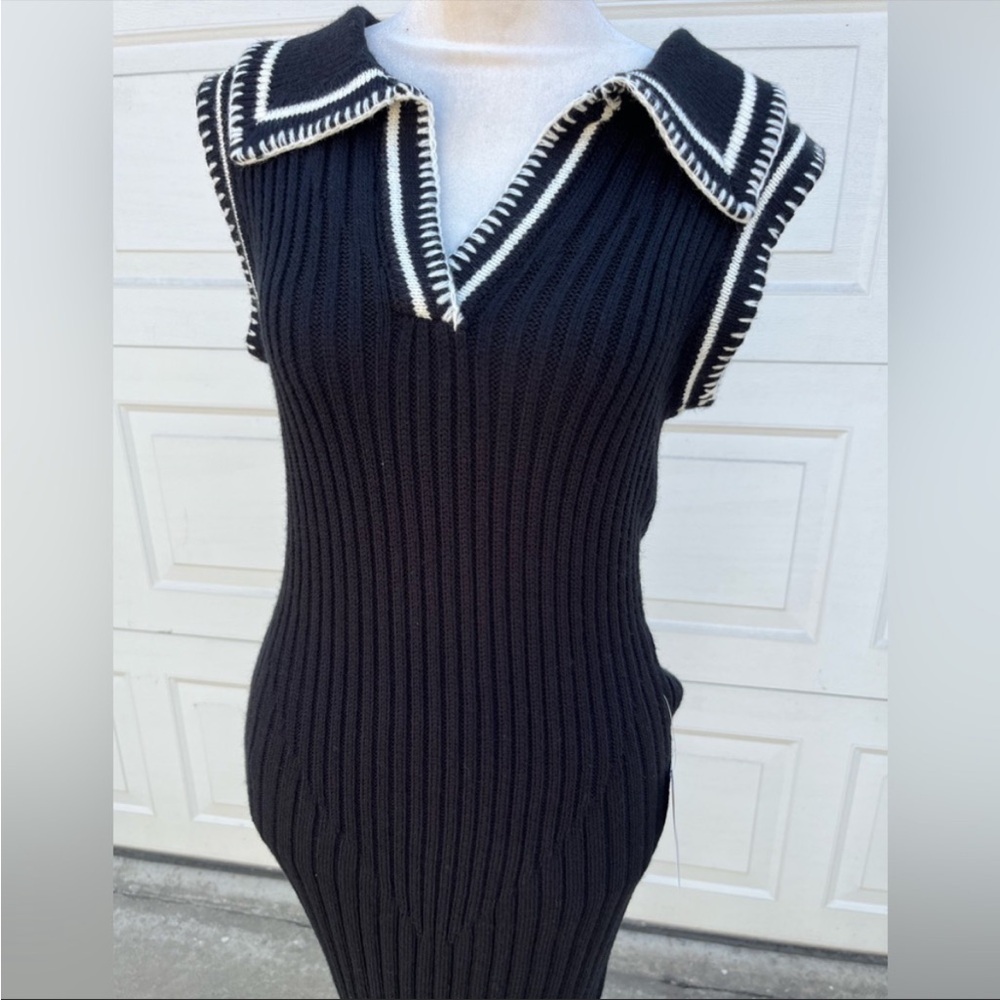 EN SAISON black Ribbed knit Sweater Midi Dress collar M NWT - Picture 5 of 7